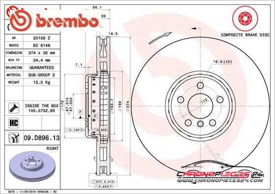 Achat de BREMBO 09.D896.13 Disque de frein pas chères