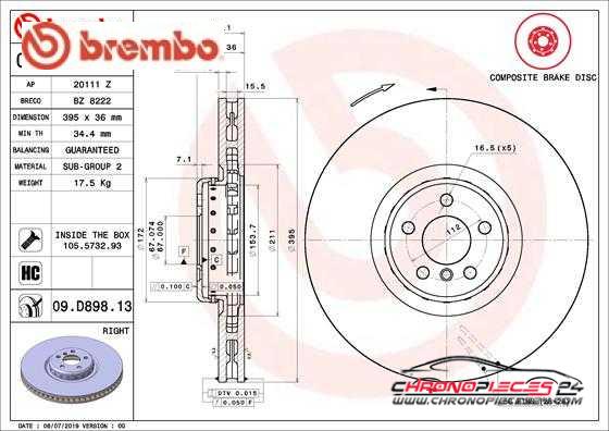 Achat de BREMBO 09.D898.13 Disque de frein pas chères